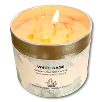White Sage Candle with Citrine & Clear Quartz Crystal